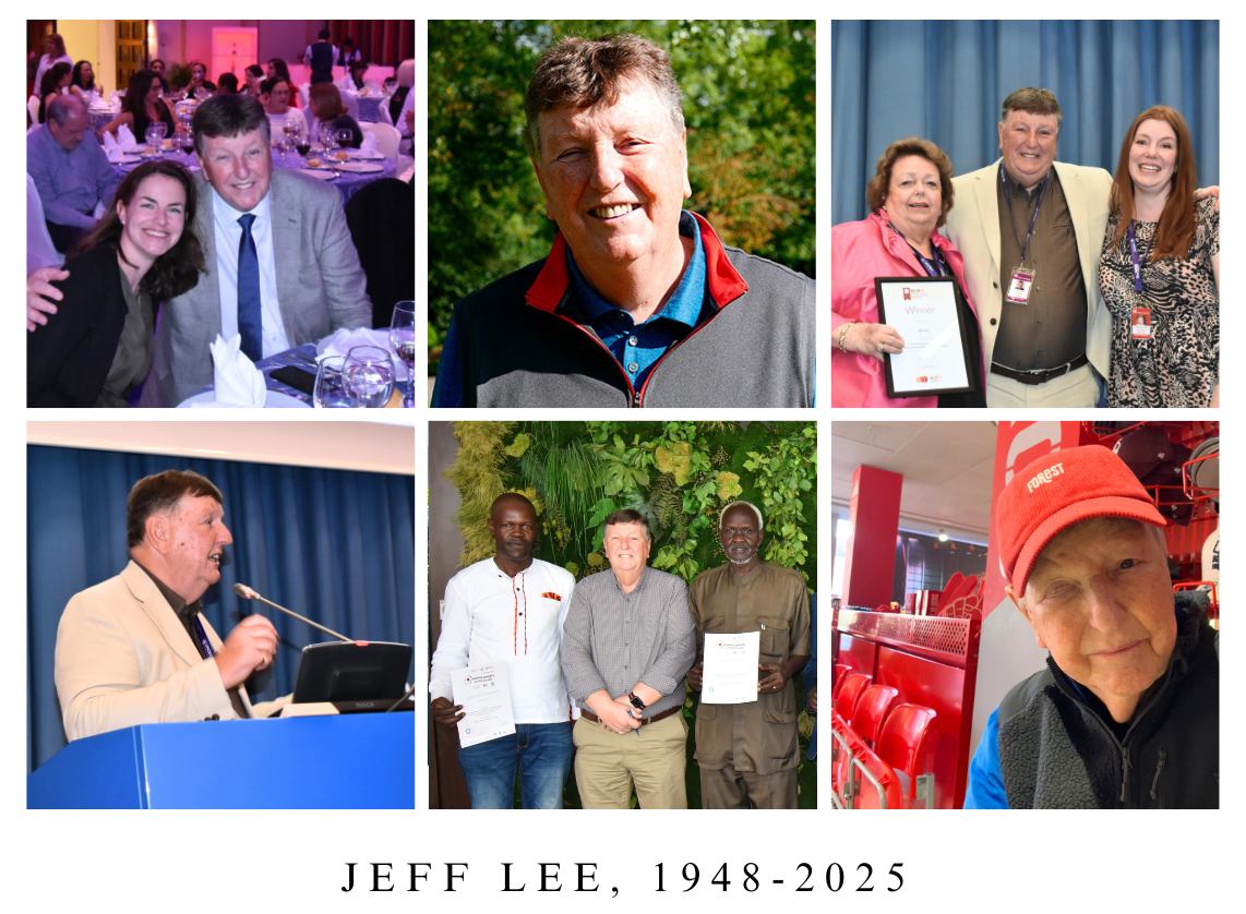 Collage of photos of Jeff, speaking at an event, working with colleagues, and wearing his Forest hat.